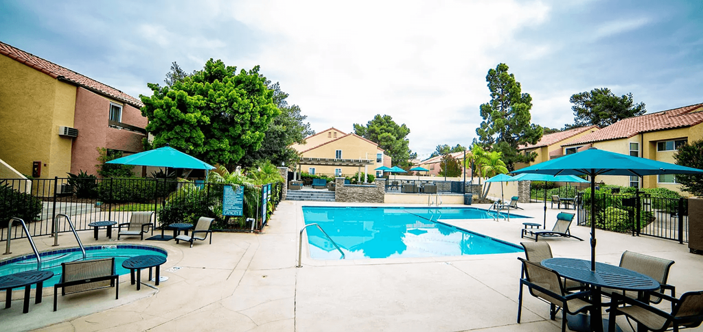 our apartments offer a swimming pool with tables and umbrellas