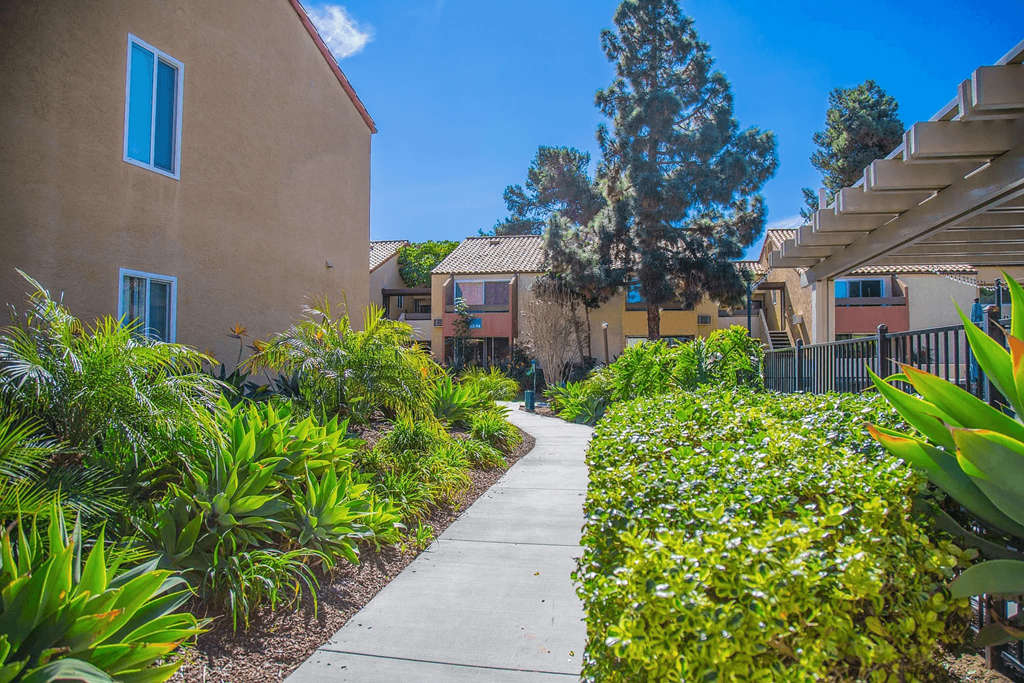 a sidewalk in front of a building with bushes and plants