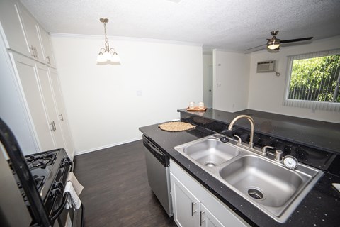 a kitchen with a sink and a stove and a window