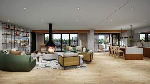 A modern living room with a fireplace and a green sofa.