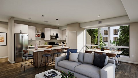 A modern kitchen and living room with a large window overlooking a balcony.