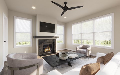 A modern living room with a fireplace and a flat screen TV.