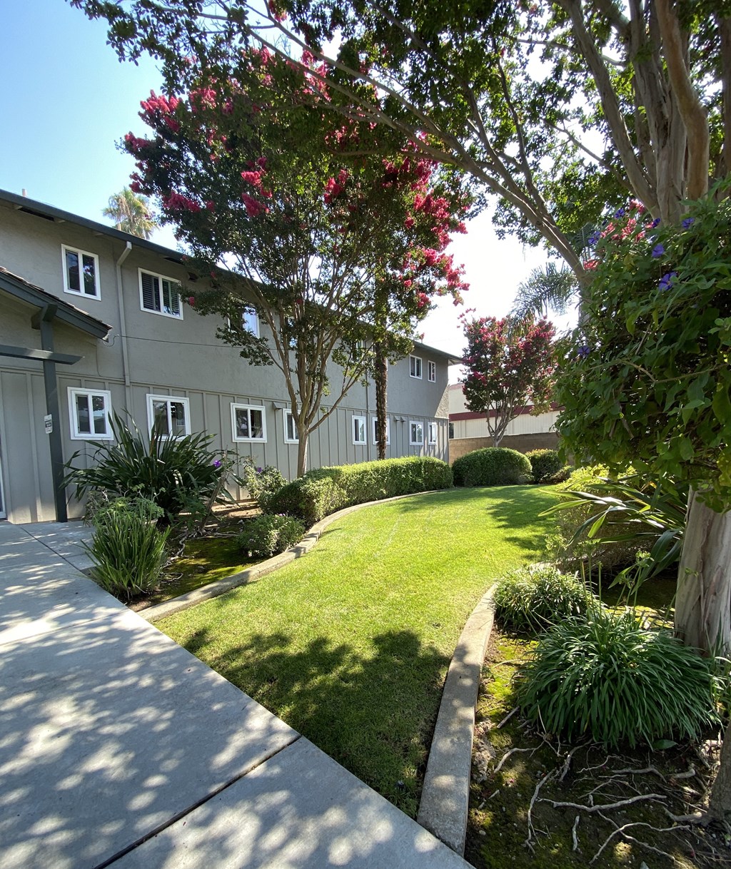 a yard with grass and trees in front of a building