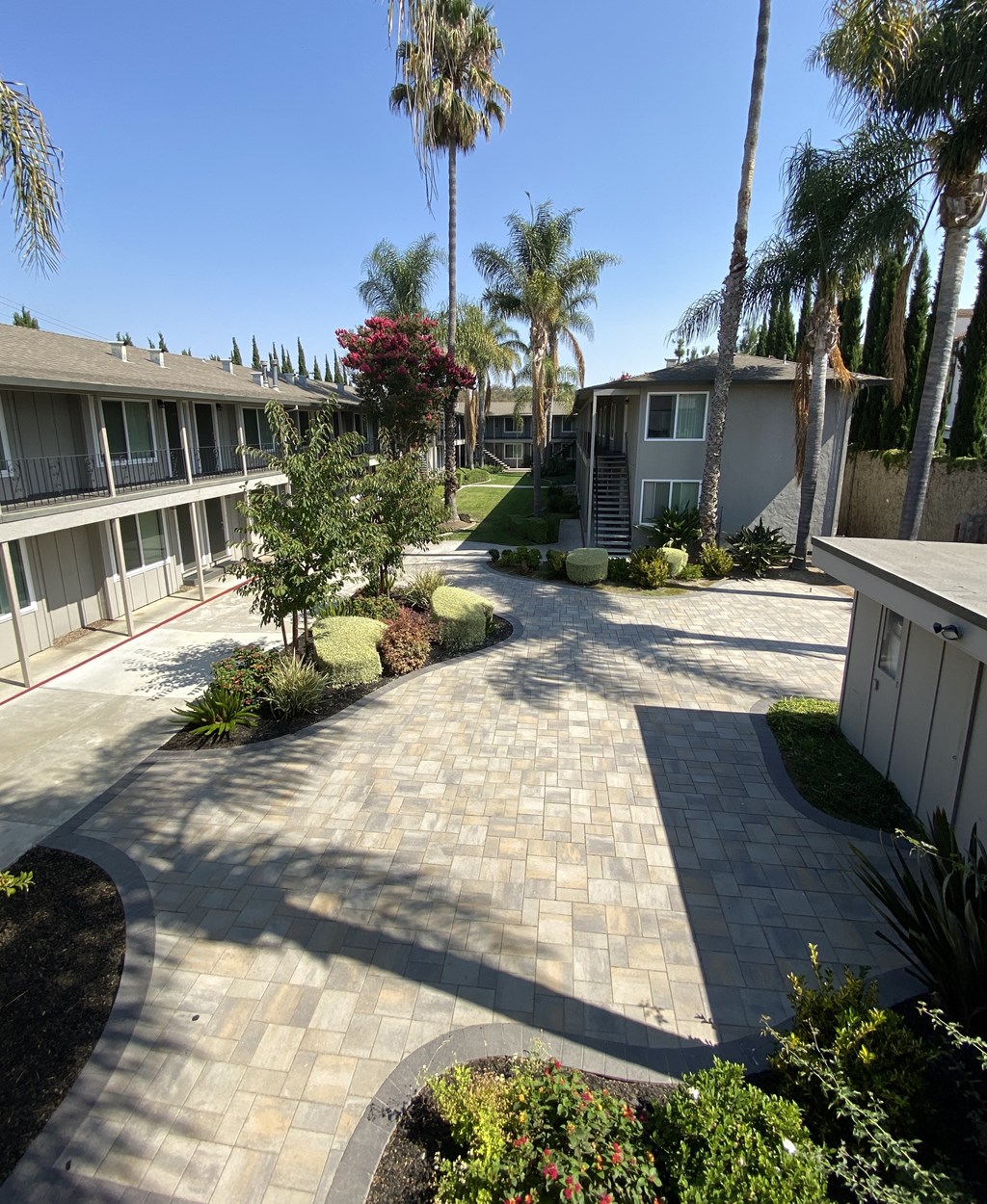 a view of the courtyard of a condo building with palm trees