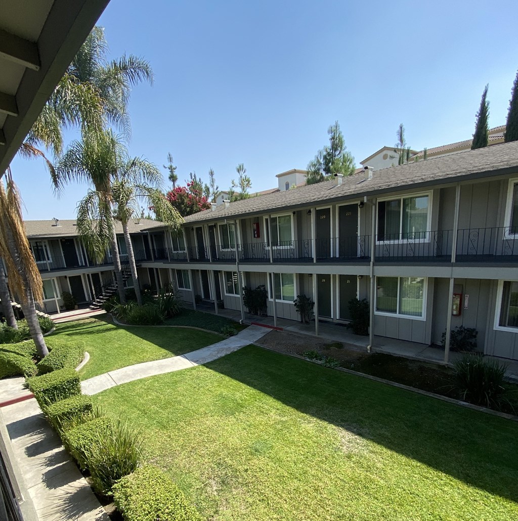 a view of the courtyard of a condo building with a lawn and palm trees