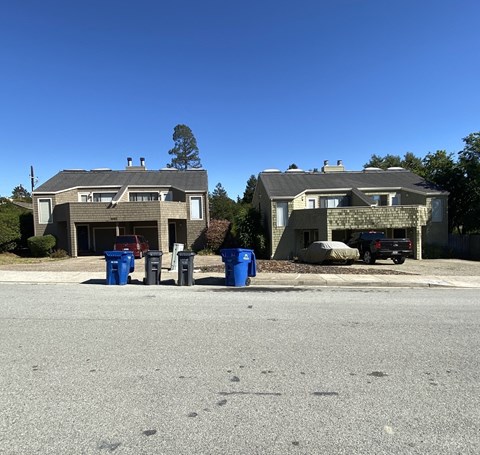 Two houses with blue bins in front.