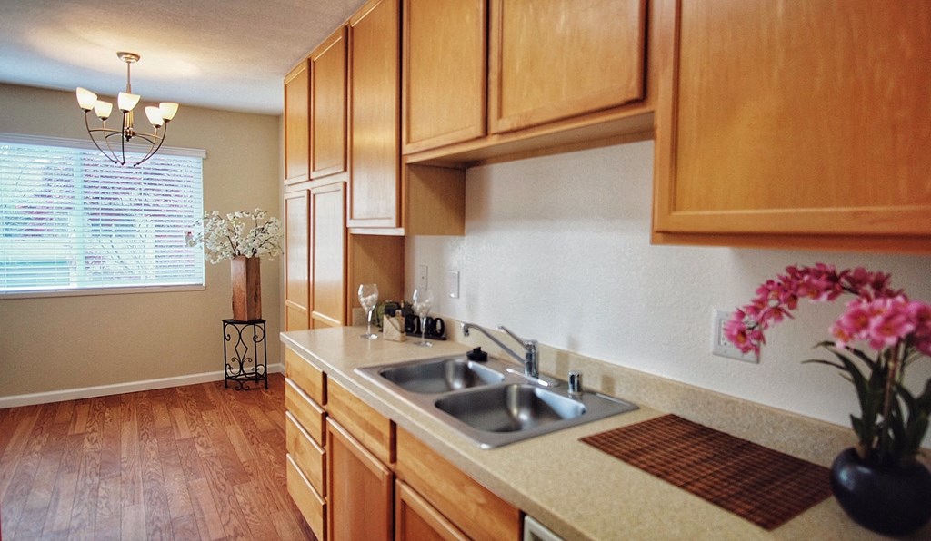 a kitchen with a sink and wooden cabinets