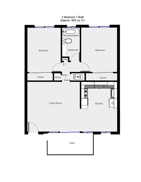 2 Bedroom floor plan for Ranchero Grove Apartments