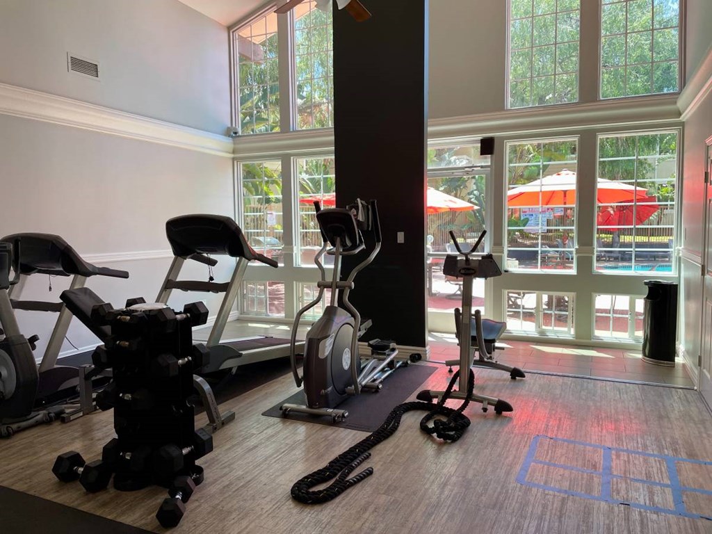 Campbell Plaza Apartments
710 Nido Drive, Campbell, CA 95008. A gym room with a variety of equipment including a treadmill, stationary bike, and weights.