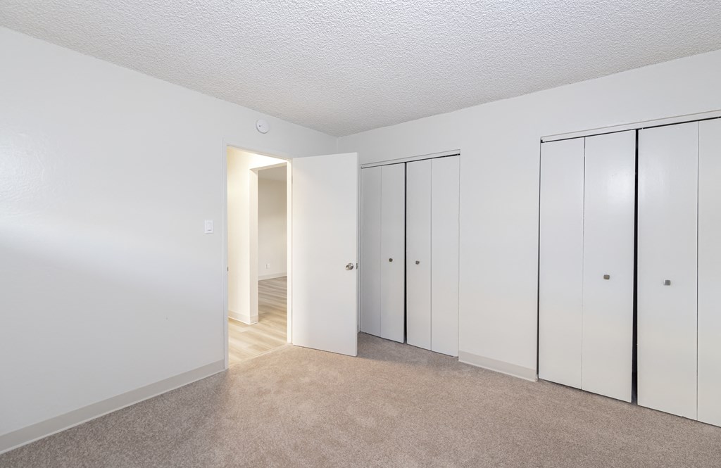 a bedroom with white walls and white closets and carpeting