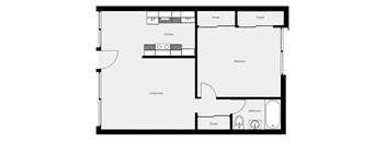 A black and white floor plan of a small apartment with a living area, kitchen, bedroom, and bathroom.