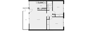A black and white floor plan of a house with a kitchen, living area, patio, and two bedrooms.