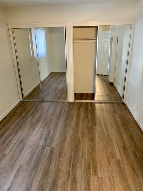 a living room with a hard wood floor and a mirrored closet