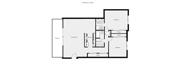 A floor plan of a small apartment with two bedrooms and two bathrooms.