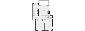 A black and white image of a floor plan for a house with a balcony, dining room, living room, kitchen, bathroom, and two bedrooms.