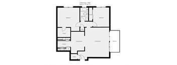 A black and white image of a floor plan for a 2 bedroom 1 bath apartment.