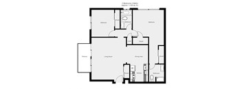 A black and white image of a floor plan for a 2 bedroom, 2 bathroom apartment.