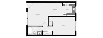 A floor plan of a small apartment with a living room, dining area, kitchen, bedroom, and bathroom.