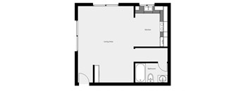 A floor plan of a house with a kitchen, living area and bathroom.