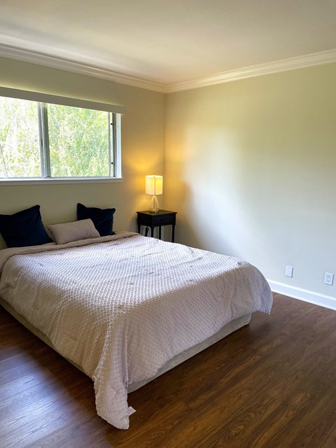 a bedroom with a bed and a window