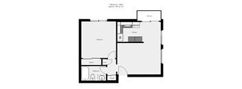 A floor plan of a one bedroom apartment with a bath and a balcony.