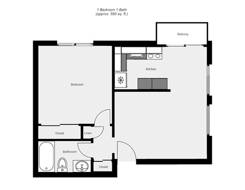 A floor plan of a one bedroom apartment with a bath and a balcony.