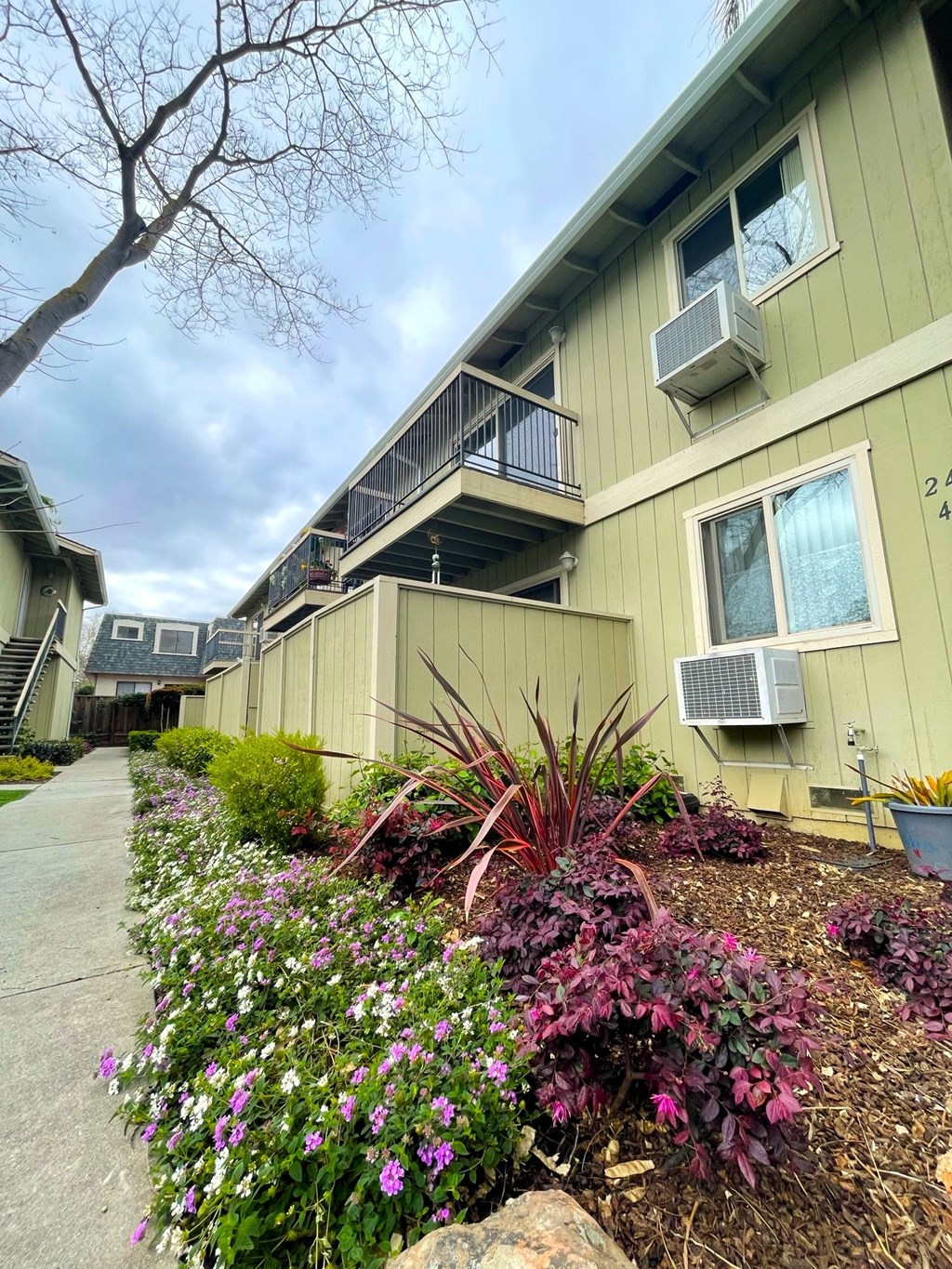 an exterior view of an apartment building with a sidewalk and flowering plants
