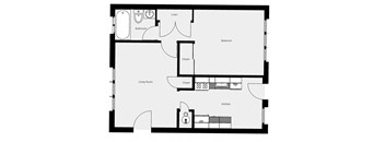 A black and white floor plan of a house with a living room, kitchen, and two bedrooms.