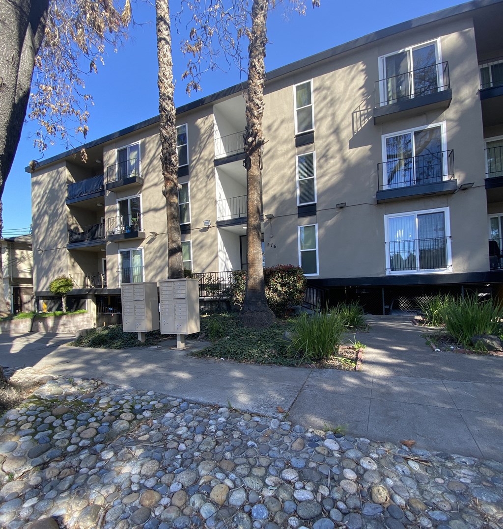 an apartment building with palm trees and rocks in front of it