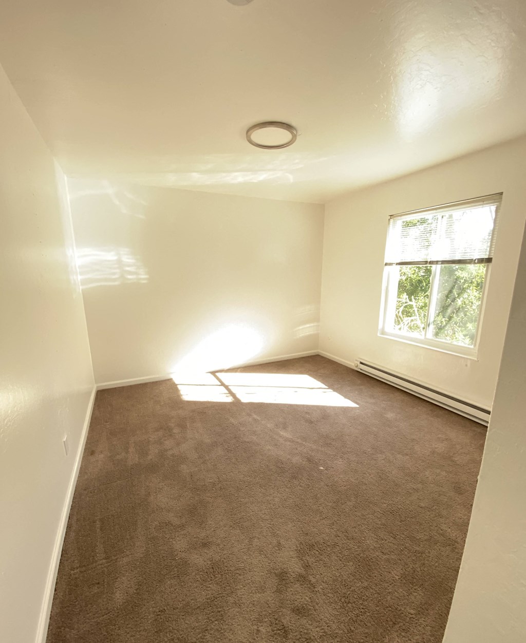 an empty room with carpet and a window
