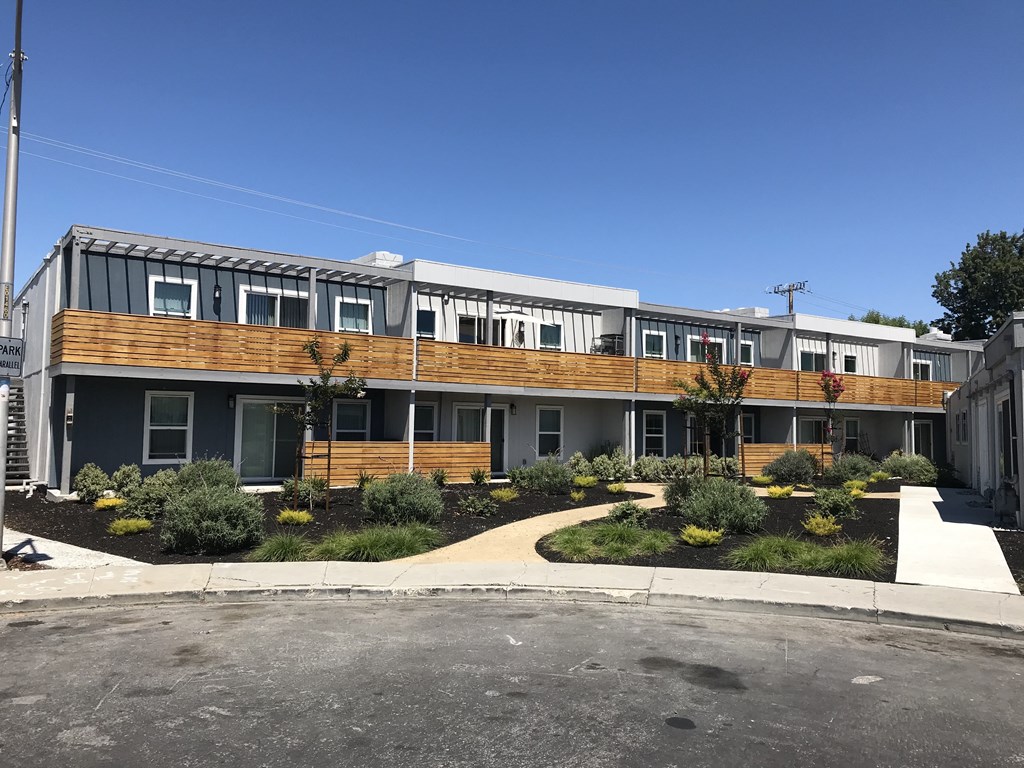 a view of the building from the parking lot