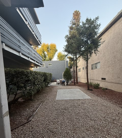 A gravel courtyard with a tree and a building in the background.