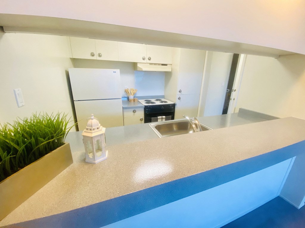 a kitchen with a counter and a sink and a refrigerator