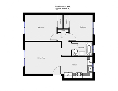 2 Bedroom floor plan for Mari-Court Apartments