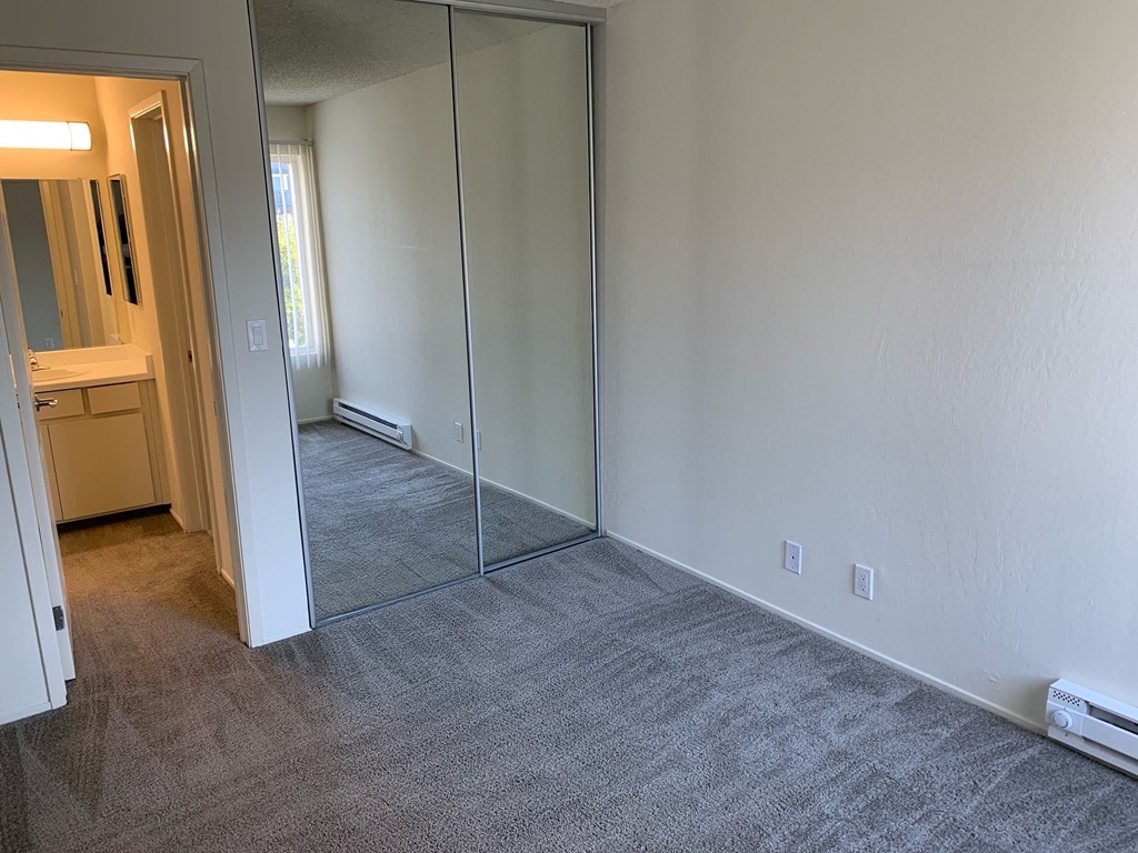 a room with a carpeted floor and a mirrored closet