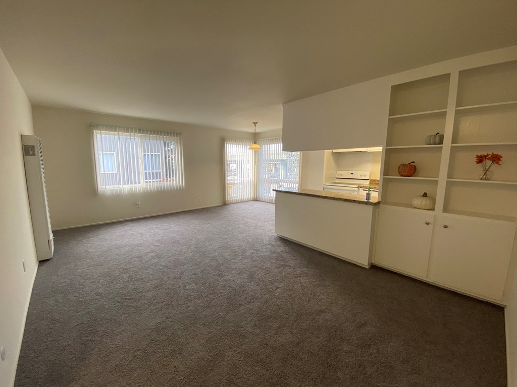 19th ave Living room with carpet and bookshelf sidings in the wall