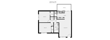 A black and white image of a floor plan for a 2 bedroom 1 bath apartment.