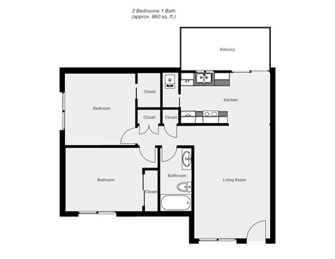 A black and white image of a floor plan for a 2 bedroom 1 bath apartment.