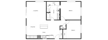 A floor plan of a house with a living room, dining area, kitchen, and two bedrooms.