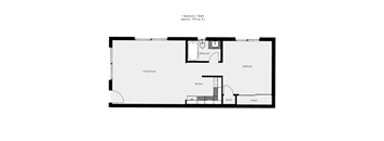 A floor plan of a small apartment with a bedroom, bathroom, living room, kitchen, and closet.