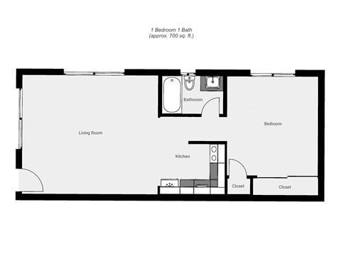 A floor plan of a small apartment with a bedroom, bathroom, living room, kitchen, and closet.