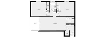 A black and white floor plan of a house with two bedrooms, a living room, a kitchen, a bathroom, and a balcony.