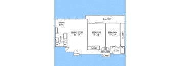 2 Bedroom floor plan for California Oaks Apartments