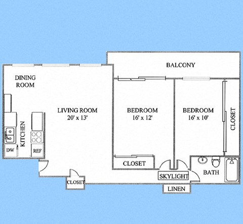 2 Bedroom floor plan for California Oaks Apartments