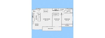 2 Bedroom floor plan for California Oaks Apartments