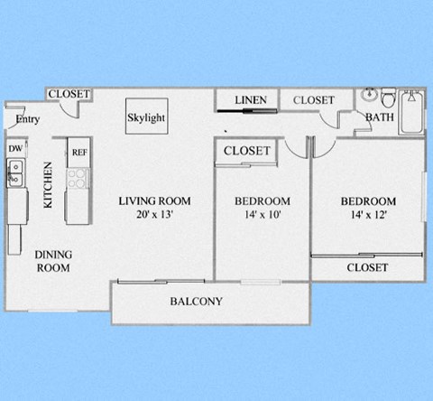 2 Bedroom floor plan for California Oaks Apartments
