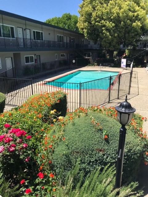 a pool with a fence and flowers in front of a building