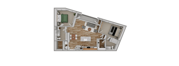 A 3D rendered image of a house layout.