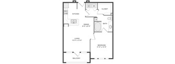 A black and white image of a floor plan for a small apartment.