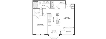 A black and white image of a floor plan for a small apartment.